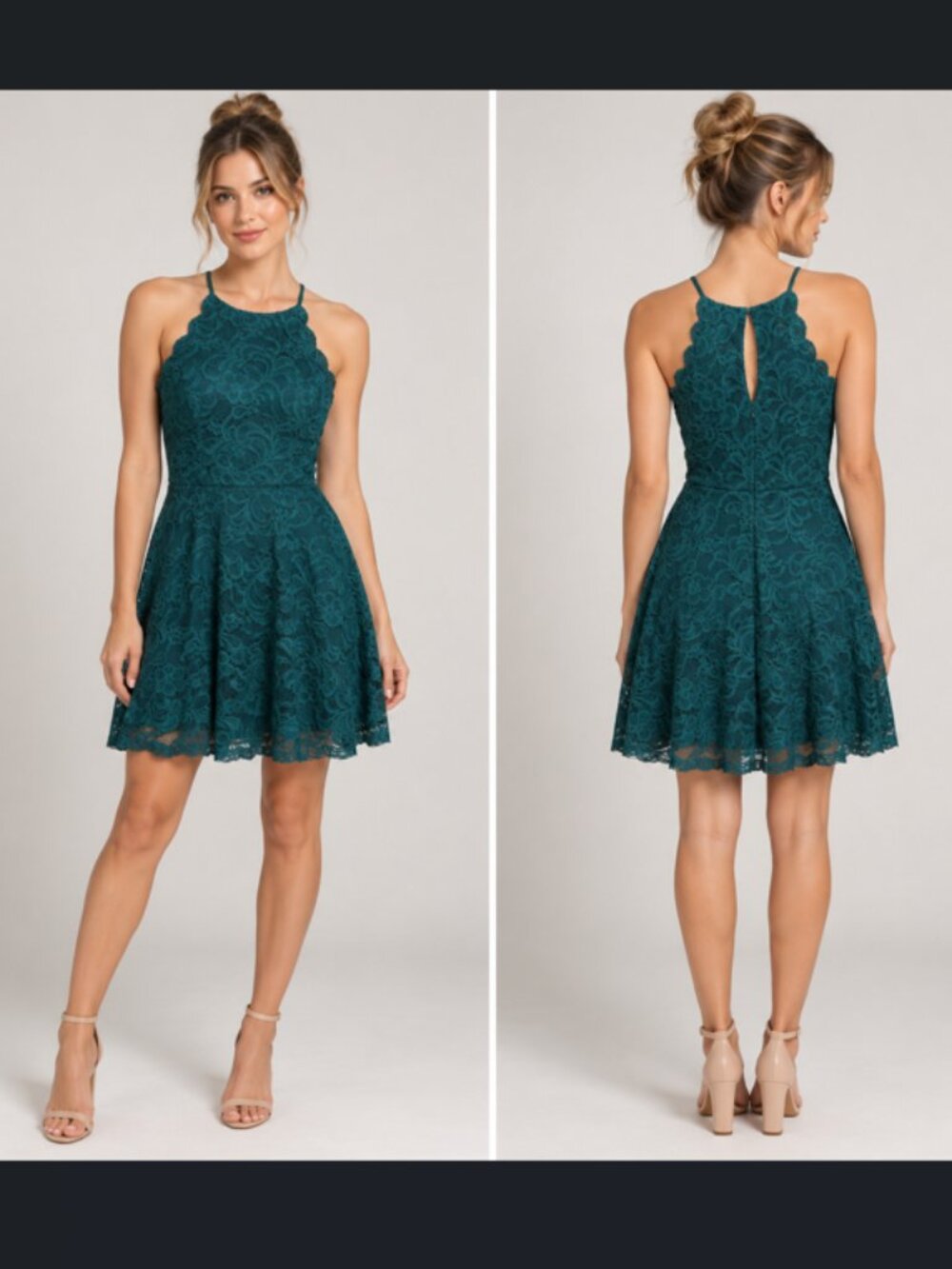 Fortune + Ivy Size 2 Teal Lace Fit & Flare Emerald Green Dress Keyhole Back